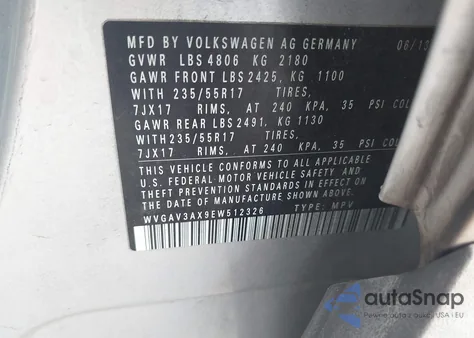 2014 Volkswagen Tiguan Se from USA, damaged, VIN WVGAV3AX9EW512326